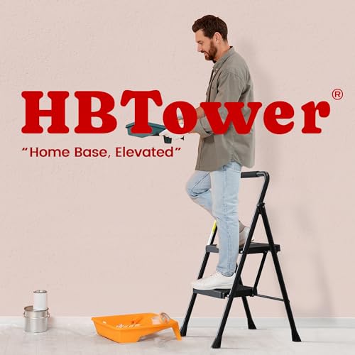 HBTower Step Ladder, Folding Step Stool with Wide Anti-Slip Pedal, Sturdy Steel Ladder, Convenient Handrail, Lightweight, Portable Steel Step Stool