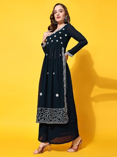 Image of PH POSHAKHUB Women A-Line Nyra Cut Kurta with Sharara in Georgette with Aari Work