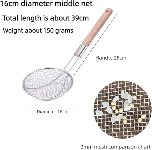 Image of 16cm Stainless Steel Deep Fry Net Skimmer Oil Strainer for Kitchen Frying Spoon for Puri & Poori Strainer Kitchen Utensil for Frying, Cooking & Straining Food Strianer Wood Handle (Pack of 1)