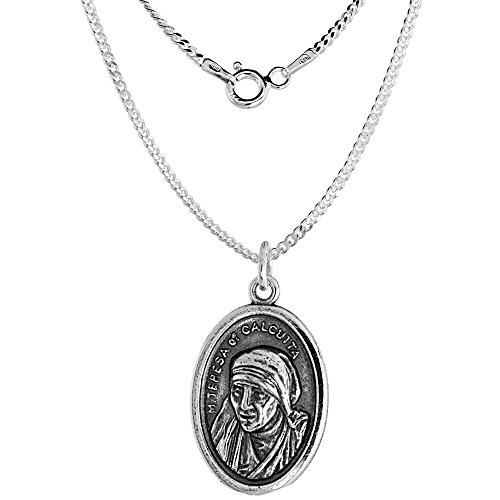 Sterling Silver Mother Teresa Medal Necklace Oxidized finish Oval 1.8mm Chain2