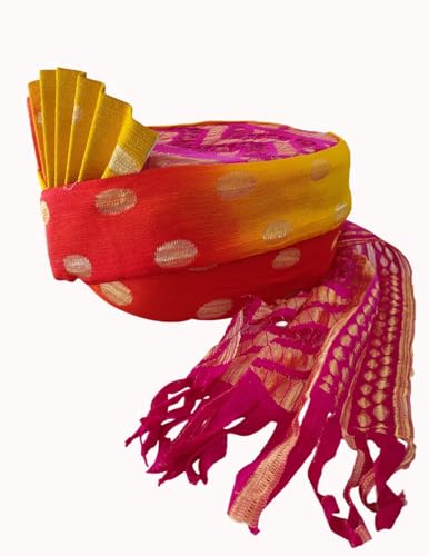 Image of BookMyCostume Traditional Rajasthani Safa & Barati Pagdi Collection - Pre-Stitched Ethnic Turbans, Bandhani /Leheriya Headwear For Weddings, Cultural Folk Dance & Festival Pagdi for Adults