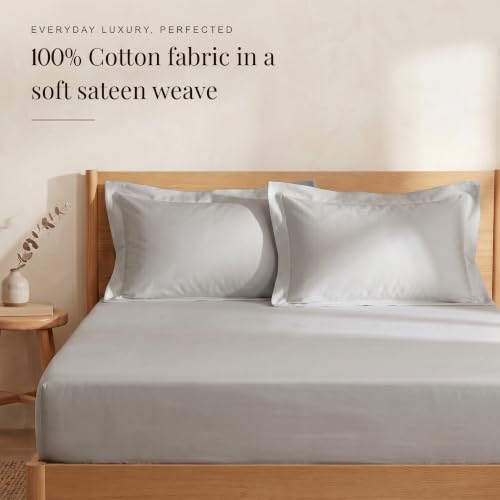 Image of Huesland 300 TC Premium 100% Pure Cotton Luxe Soft Touch Fitted Single Size Bedsheet Cotton with 2 Pillow Covers | Glacier Grey | 36 x 78 Inches