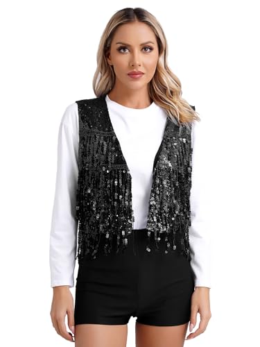 Choomomo Womens Sequin Sleeveless Vest V Neck Open Front Glitter Tassel Waistcoat Rave Dance Vest Coat
