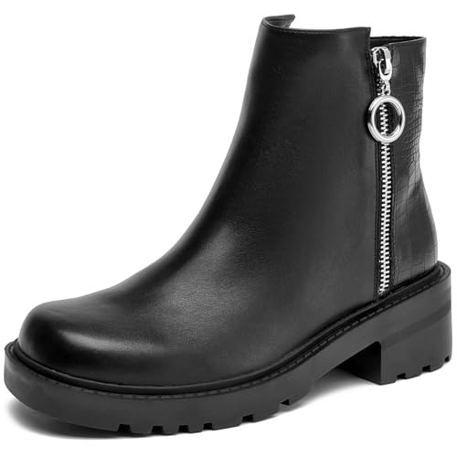 Womens Round Toe Chelsea Booties Double Zippers Chunky Heel Ankle Boots Winter Boots