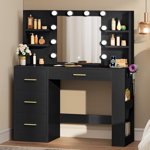 DWVO Vanity Desk with Mirror and Lights, 40in Makeup Vanity Table with Power Outlet, 4 Drawers & Storage Shelves, 3 Lighting Color Adjustable, Black Dressing Desk for Bedroom