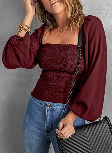 Evaless Long Sleeve Tops For Women Off Shoulder Blouses Boho Clothes For Women Business Casual Smocked Square Neck Ladies Tops And Blouses Fashion 2023 Spring Clothes Red Shirts, Large #TOP1