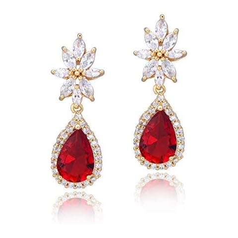 Teardrop Wedding Bridal Dangle Earrings for Bride Bridesmaids Red Ruby Flower Crystal CZ Cubic Zirconia Rhinestone Drop Earrings Prom Party Costume Jewelry Hypoallergenic Cover