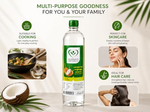 Image of OLIYAN'S Pure Coconut oil | 1 Liter | 100% Pure & Natural | Pure and Fresh Fragrance | Organic Coconut Oil for Cooking, Skin, and Hair - Versatile, Natural, and Nourishing