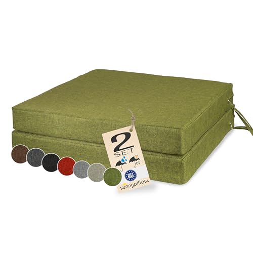 sunnypillow Lot de 2 Coussins de Chaise 50 x 50 x 7cm, Extérieur - imperméables résistants aux UV - Coussin d'assise pour bancs - Coussin de siège pour la Maison et Le Jardin - Vert