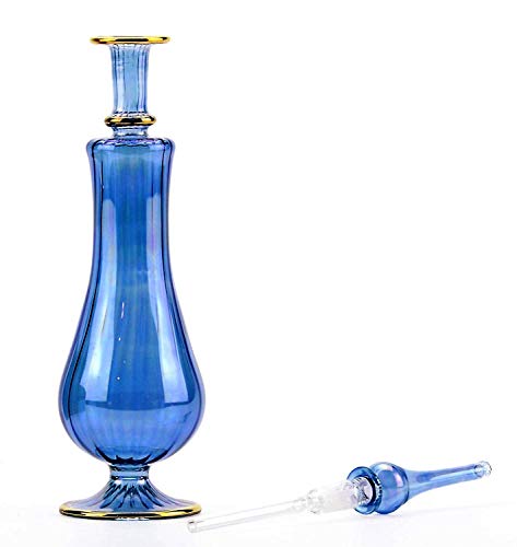 NileCart Egyptian Perfume Bottle with Glass Applicator Stopper, Green Glass with Gold Accents, 9.5 in. Total Height, 100 ml Capacity, Handmade Decorative Bottle for Essential Oils (Blue) - image 2