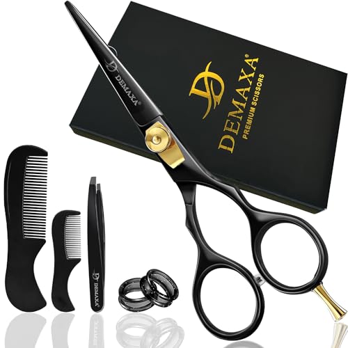 Image of Mustache Scissors Beard Scissors for men with Beard Mustache Comb DEMAXA 5.5 inch Rust-Free Professionally Sharpened for Precision Trimming with Tweezers, Premium Black Beard Shears moustache scissors men