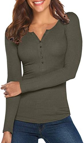 Tobrief Women's Henley Shirts Long Sleeve V Neck Ribbed Button Knit Sweater Solid Color Tops (M, Army Green)