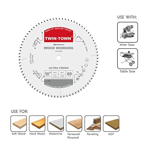 Twin-Town 10-Inch Saw Blade, 80 Teeth,General Purpose For Soft Wood, Hard Wood & Plywood, Atb Grind, 5/8-Inch Arbor #TOP4