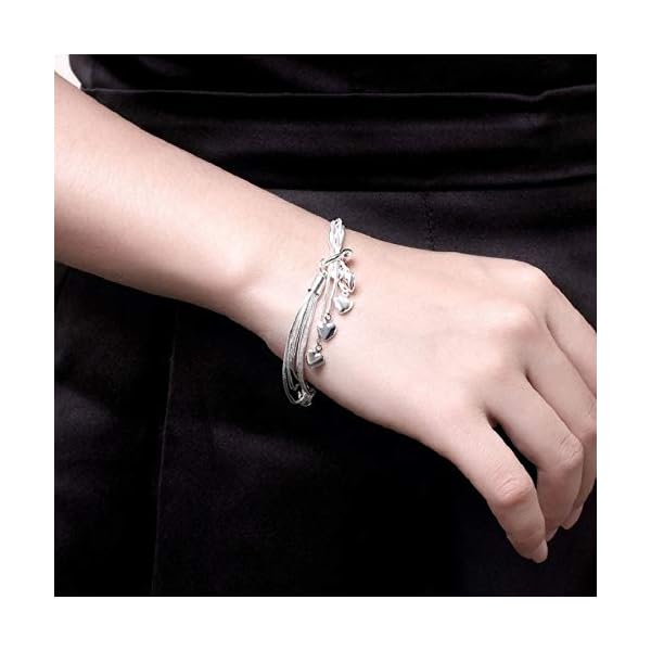 Harlorki Simple 925 Silver Plated Chain 5 Small Love Heart Pendents Charm Wrist Chain Bracelet Bangle Fashion Costume Jewelry for Women Lady Girl