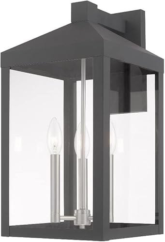 Miniatura 8 de Livex Lighting 20585-91 Linterna de pared transitoria de tres luces para exteriores de la colección Nyack en Pwt, Nckl, BS, acabado Slvr, níquel