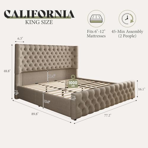Image of AMERLIFE California King Upholstered Bed Wingback Headboard, Khaki Linen
