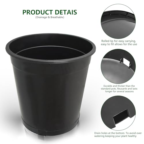 RainMan S 10-Pack 3.6 Gallon Round Planter Nursery Pots, Flower Plant Container Injection Molded Plastic Gardening Pots for Indoor Outdoor Vegetables, Succulents, Black