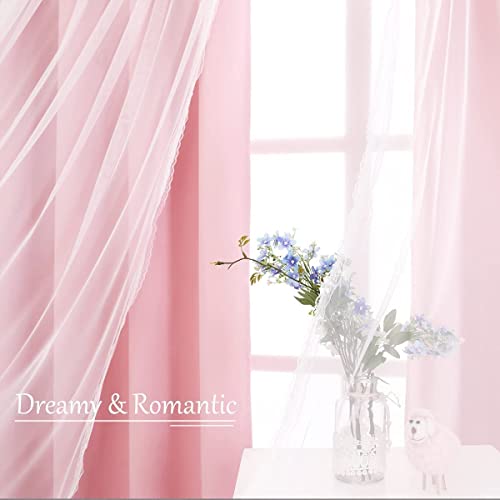 Image of Pink Blackout Curtains with Sheer Overlay, 2 Panels, Thermal Insulated & Soundproof, Lace Trim for Bedroom, Nursery, Living Room - Modern Pink Drapes, Room Darkening Curtains, 52x84 Inches