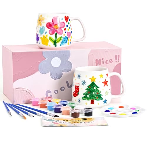 Maustic Mug Painting Kit, Paint Your Own Mug Kit, 2 Pcs Ceramic Mugs to Paint, Mothers Day Fathers Day Valentine's Day DIY Gift Kits, Includes 2 Paintable Mugs 12 Oz, Paints, Brushes