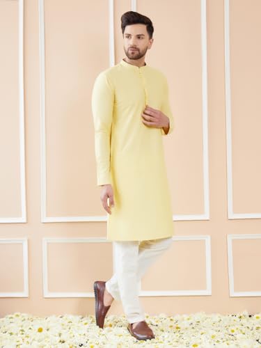 Image of See Designs Men Full Sleeve Sleeve Side Slit Mandarin Collar Cotton Solid Straight Kurta with Pyjama