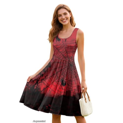 Image of Women Stylish Tank Dresses Sleeveless Round Neck Midi Casual Dress with Pocket for Summer