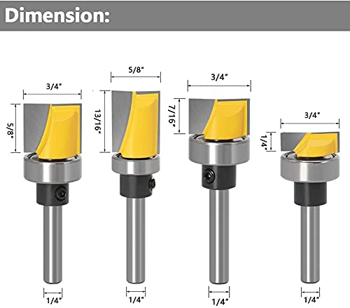 image for Yakamoz 4Pcs 1/4 Inch Shank Hinge Mortising Flush Trim Template Router