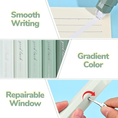 Temiary 5 Pcs White Correction Tapes, Aesthetic Correction Tape Pens Smooth Pull Out, Easy to Use Pen Shaped Applicator for Students School Office Supplies (Green) - Thumbnail 3