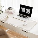 Ohocut Scalloped Desk Mat, 31.5' x 15.7' Large Cute Beige Khaki Aesthetic Desk Accessories, PU Leather Computer Laptop Desk Mat Mouse Keyboard Pad, Desk Writing Makeup Mat for Vanity/Work/Home Decor