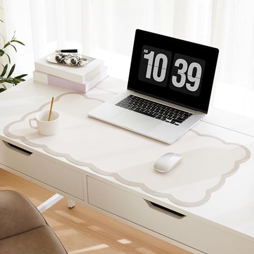Scalloped Desk Mat, 31.5' x 15.7' Large Cute Aesthetic Desk Accessories, PU Leather Computer Laptop Desk Mouse Keyboard Pad, Desk Writing Mat for Vanity/Work/Home Decor (Beige, 31.5' x 15.7')