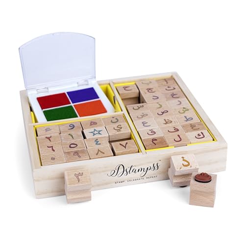 Arabic Alphabets & Numbers Wooden Stamps with Washable Ink Pad