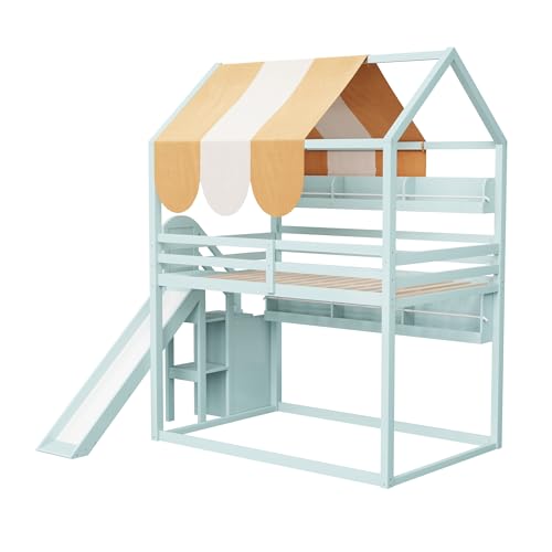 Image of Bellemave Bunk beds Full Over Full with Slide and Stair and Bookshelf House roof Design, Low bunk /loft Bed for Kids,Light Green