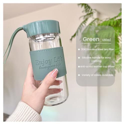 Image of Wosta Leakproof Glass Water Bottle with Stainless Steel Infuser Glass Tea Infuser Bottle with Strainer and Neoprene Sleeve for Loose Leaf Tea, Cold Brew Coffee. (A - GREEN, 480ML)