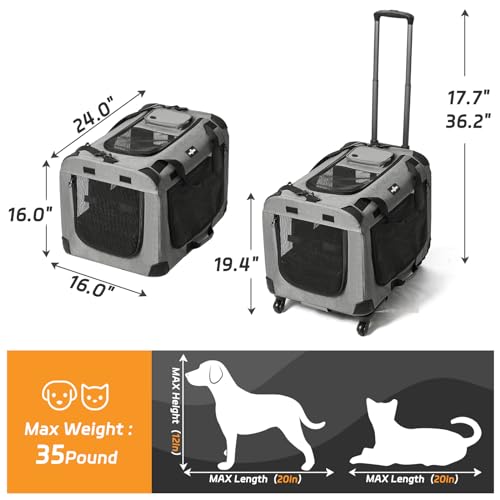 Rolling Dog Cat Carrier with Wheels, Collapsible Extra Large Cat Pet Carrier for 2 Cats with Telescopic Handle, Travel Dog Cat Crate Carrier for Large Cat Small Dog for Vet Visits, Camping - Image 4