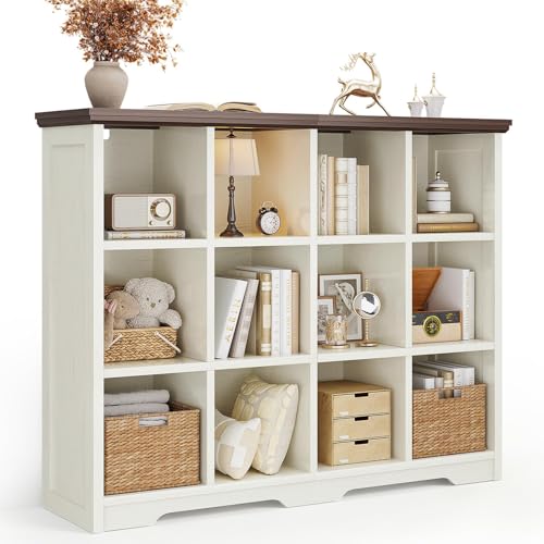 OffiGo 12 Cube Organizer Bookcase Modern Farmhouse Open Shelf for Storage Bins & Decor Display Bookshelf Console Closet for Living Room Bedroom Home Office Walnut+White