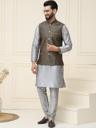 Sojanya (Since 1958 Men's Silk Blend Grey Kurta Pyjama & Black Self Design Nehru Jacket Combo