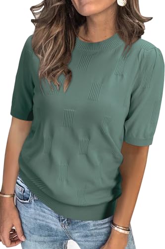 Image of Arach&Cloz Women's Short Sleeve Crew Neck Sweaters Trendy Teacher Work Tops | Lightweight&Breathable Fabric, Texture Knit Design, Relaxed Fit, Business Casual Outfits, Teacher Work Tops Fall 2026