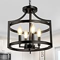LynPon Black Farmhouse Chandelier 4 Lights, Modern Hanging Pendant Light Convertible Semi Flush Mount Ceiling Light Rustic Metal Round Cage Chandeliers for Dining Room Entryway Foyer Kitchen