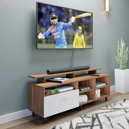 Image of VIKI Modern TV Unit for Living Room | Engineered Wood TV Cabinet with 1 Drawer Storage, 2 Open Shelves & Extension, Entertainment Unit, 140W x 48H x 40D cm | DIY | 1 Year Warranty (Walnut & White)