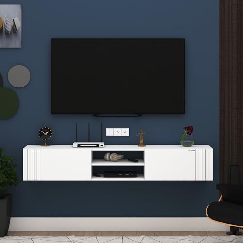 Image of Anikaa Nimbus Wall Mount TV Unit Cabinet | Modern Entertainment Center with Storage, Drawers, Shelves & Soft-Close Doors | Stylish Floating TV Stand for Up to 50 inch TVs - White (DIY Installation)