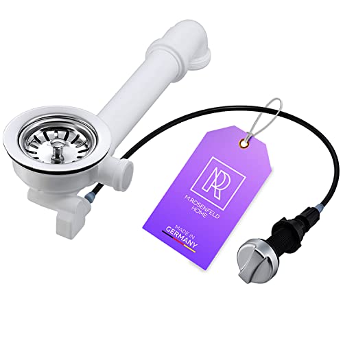 Vanne Excentrique Universelle 3 1/2' avec Coude De Sortie - Vidage 1 1/2' Évier avec Trop-Plein - Vidage Gain De Place Évier De Cuisine avec Commande Rotative à Câble - Vanne à Panier 114mm