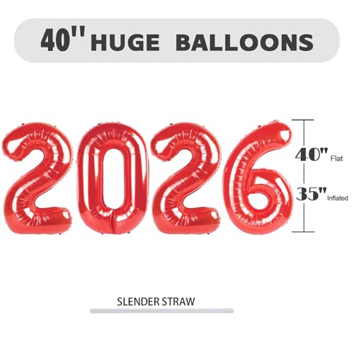 Image of Number Balloons Red 2026 Balloon 40 inch for 2026 Party Decorations | Saturated Color, Large 40 in, With Straw & Hanging Hole, For Back-to-School Season, Wedding, Christmas, New Year, Anniversary
