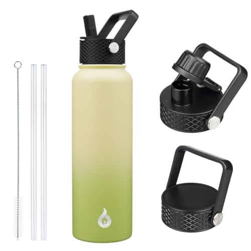 Image of BJPKPK Insulated Water Bottles with Straw Lid, 40oz Cold & Hot Thermo, Stainless Steel Metal Water Bottle with 3 Lids, Reusable Thermo, Cups, Mugs, Tumblers -Avocado