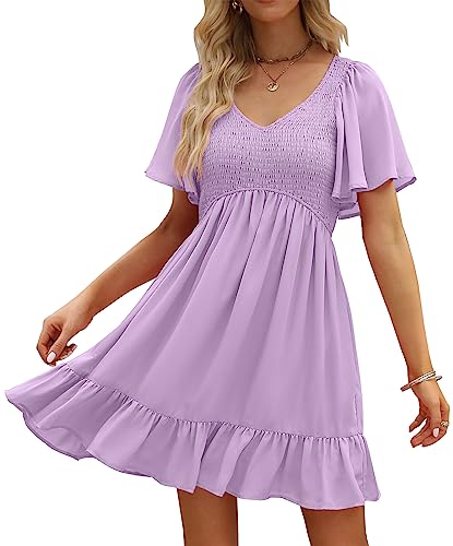 Image of LILLUSORY Women's Flowy Casual Mini Dresses 2026 Summer Graduation Smocked V Neck Vacation Dress Dress with Pockets
