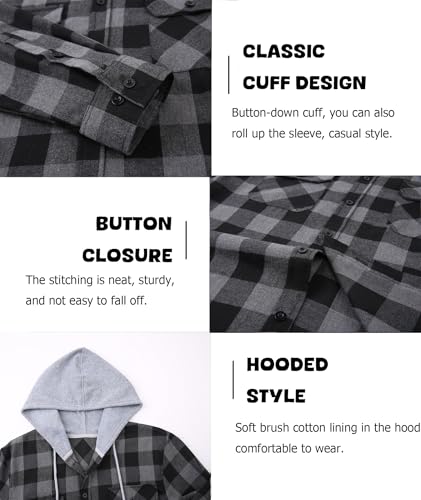Men's Hooded Flannel Shirt Jacket - Soft Brushed Buffalo Plaid, Lightweight Long Sleeve Button Down for Work Fall Layering3