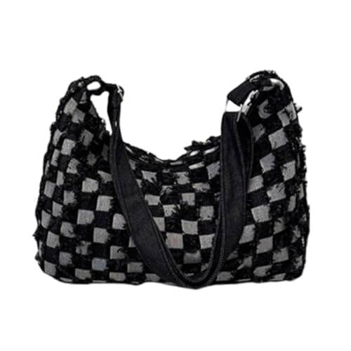 Multipurpose Jean Shoulder Bag Distressed Denims Checkered Crossbody Handbag College Student School Book Bag for Women