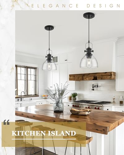 Image of 2-Pack Black Pendant Light Kitchen Island, 7.5 inch Seeded Glass Shade | Farmhouse Vintage Hanging Light Fixture for Dining Room, Clear Seeded Glass, Adjustable Cord, E26 Base, AD-22151-1P2-BK