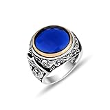 Men Blue Stone Ring, Zircon Round Sapphire Stone Ring, Turkısh Handmade Ring, Ottoman Style Ring, 92