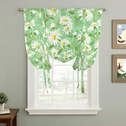 Green Daisy Floral Tie Up Curtains for Window, Spring Watercolor