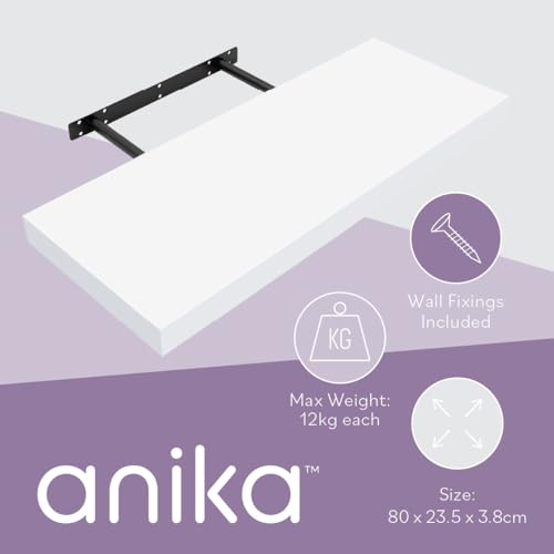 Anika Floating Shelf / 3 Separate Sizes & 4 Colour Options / 3.8cm Thick Hollowboard/Bedroom/Kitchen/Living Room/Office (White, 80cm) - Image 7