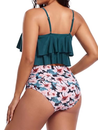 Image of Bathing Suits for Women High Waisted Swimsuits Tummy Control Two Piece Tankini Ruffled Top with Swim Bottom Bathing Suits